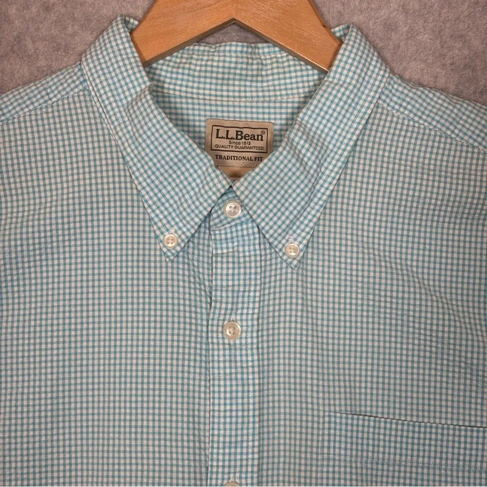 L.L. Bean Short Sleeve Button-Down Gingham Seersucker Shirt-Blue/White-Men XXL
